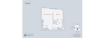 A floor plan of an apartment with a living/dining room, kitchen, bedroom, bath, and cloakrooms.