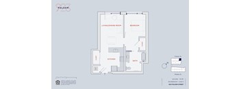 A floor plan of an apartment with a living/dining room, kitchen, and bathroom.