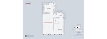 A floor plan of an apartment at 923 Folsom Street showing the layout of the living room, kitchen, bath, and bedroom.