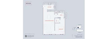 A floor plan of an apartment with a kitchen, living room, and bathroom.