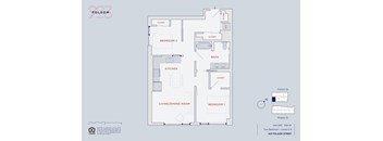 A floor plan of an apartment at Folsom Street showing two bedrooms, a living room, a kitchen, and a bathroom.