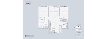 A floor plan of a two bedroom, two bathroom apartment with a living/dining room.