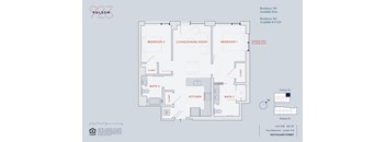 A floor plan of a two bedroom, two bathroom apartment available to rent.