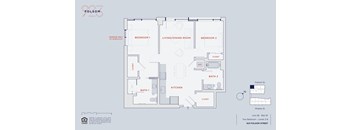 A floor plan of an apartment at 823 Folsom Street showing two bedrooms, a living room, a kitchen, two bathrooms, and a garage.
