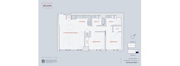A floor plan of an apartment with two bedrooms, a living/dining room, a kitchen, and a bathroom.
