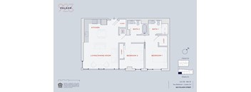A floor plan of an apartment with two bedrooms, a living room, a kitchen, and two bathrooms.