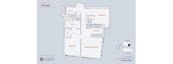 A floor plan of an apartment with two bedrooms, a living room, a kitchen, and two bathrooms.