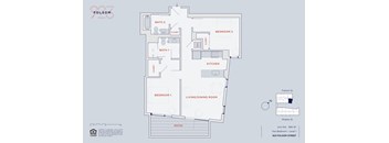 A floor plan of a two bedroom apartment with a living/dining room.