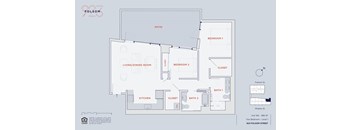 A floor plan of a two bedroom, one bathroom apartment on Folsom Street.