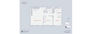 A floor plan of an apartment with two bedrooms, a living/dining room, a kitchen, and two bathrooms.