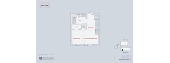 A floor plan of an apartment with a bedroom, living/dining room, kitchen, and bathroom.