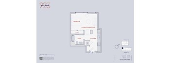 A floor plan of a studio apartment with a bedroom, living/dining room, kitchen, bathroom, and closet.