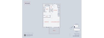 A floor plan of an apartment with a bedroom, living room, kitchen, and bathroom.