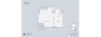 A floor plan of an apartment with a kitchen, living room, bathroom, bedroom, and balcony.