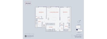 A floor plan of an apartment on Folsom Street shows two bedrooms, a living room, a kitchen, and two bathrooms.