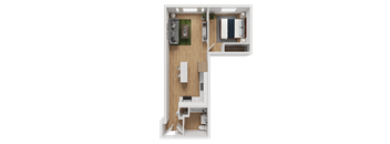 3D floor plan with one bedroom layout at Noda Apartments, Washington, 98101