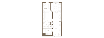 A floor plan of a house with labeled rooms such as Bedroom, Dining, Living, Kitchen, Bath, and Entry.