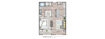 A floor plan of a one bedroom apartment with a living room, kitchen, bathroom, and closet.