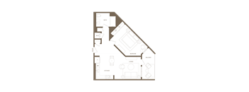 A floor plan of a house with a living room, kitchen, two bedrooms, a bathroom, and a balcony.