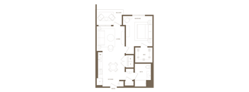 A floor plan of a house with a balcony, living room, kitchen, bathroom, and bedroom.