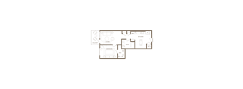 A floor plan of a house with a living room, bedroom, bathroom, kitchen, and balcony.