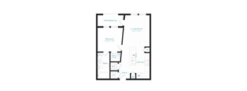 A floor plan of a house with a living room, kitchen, bathroom and bedroom.