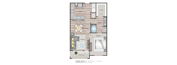A floor plan of a one bedroom apartment with one bath.