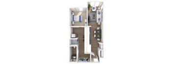 a 3d rendering of a 1 bedroom floor plan with a kitchen and living room