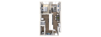 a 3d rendering of a 1 bedroom floor plan with a bathroom and living room