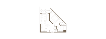 A floor plan of a house with a balcony, bedroom, living room, kitchen, bathroom, and entry.