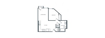 A black and white image of a floor plan for a balcony, living/dining, kitchen, bedroom, and bathroom.