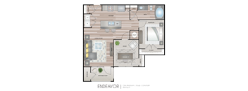 A floor plan of a one bedroom apartment with a study and a bathroom.