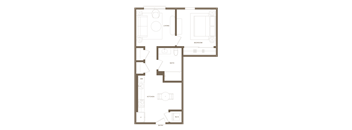A floor plan of a house with a living room, bedroom, bathroom, kitchen, and entry.
