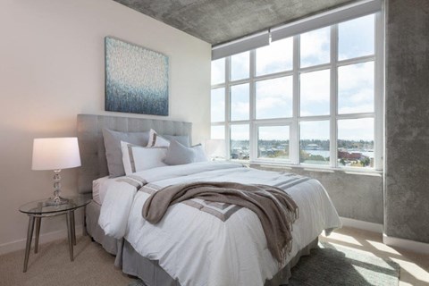 Two Bedroom Apartments in Oakland CA - Aqua Via - Bedroom with Plush Carpeting and a Large Window for Maximum Sunlight at Aqua Via Apartments, Oakland
