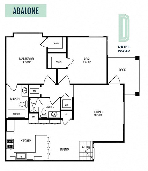 2 Bedroom 2 Bath Floor Plan Layout - 1073 Square Feet  at Driftwood, San Diego, 92109