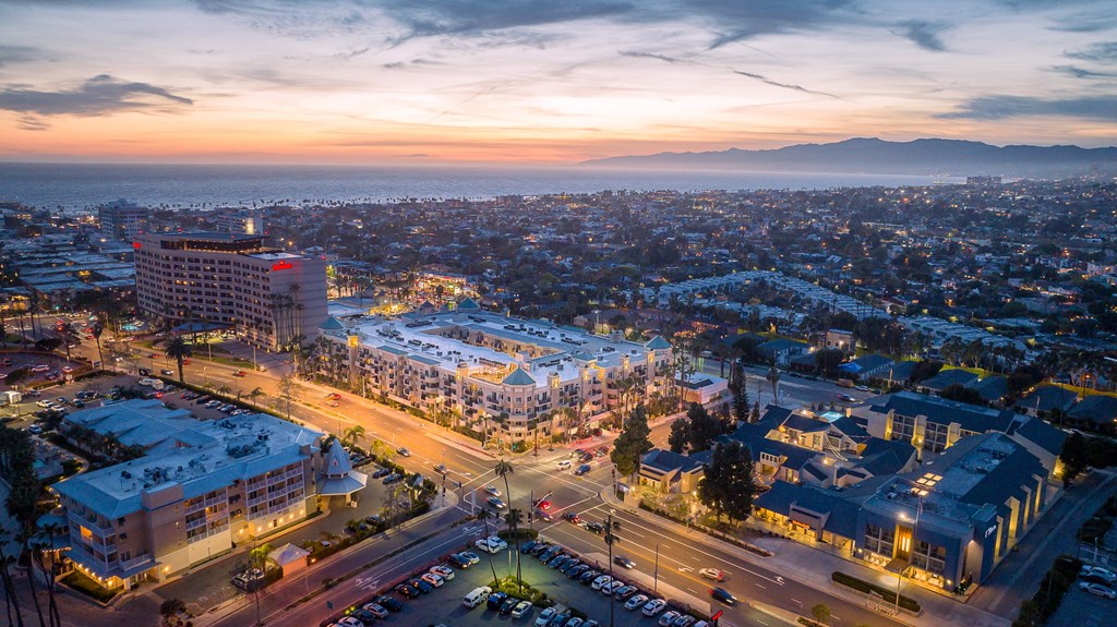 an aerial view of the city of Marina Del Rey at sunset