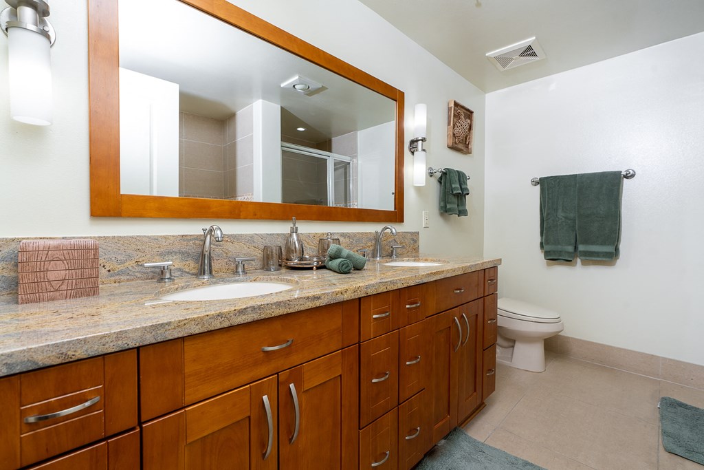 a bathroom with a large vanity and a toilet