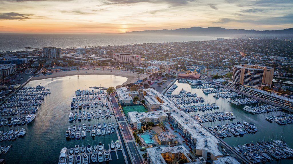 Sunset aerial shot of the marina