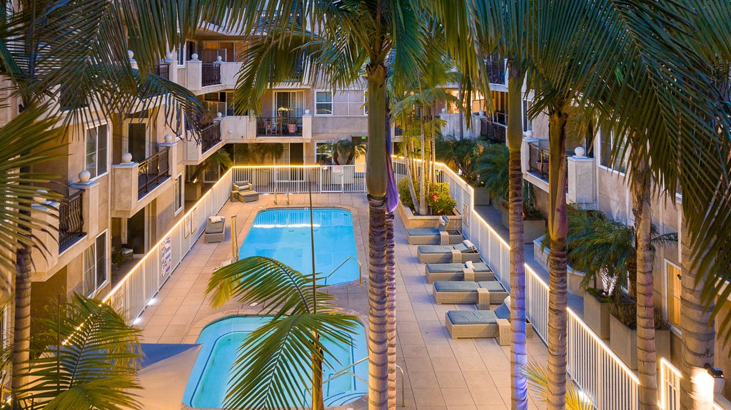 swimming pool with palm trees in front of it