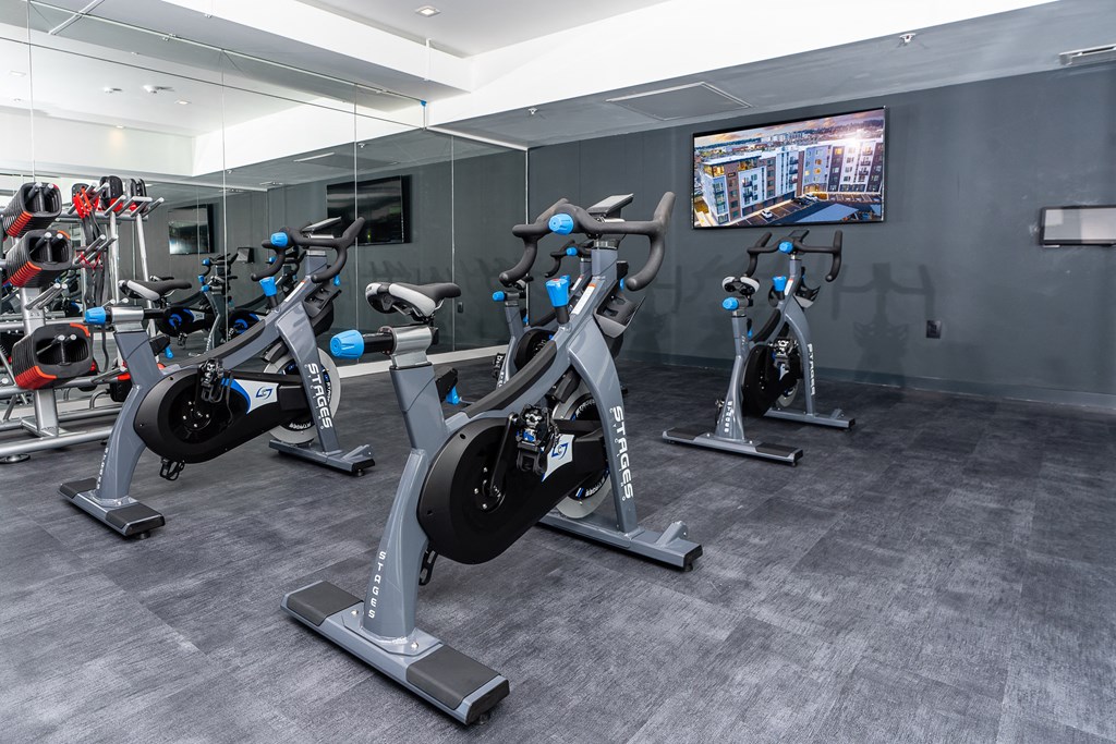 a row of exercise bikes in a gym
