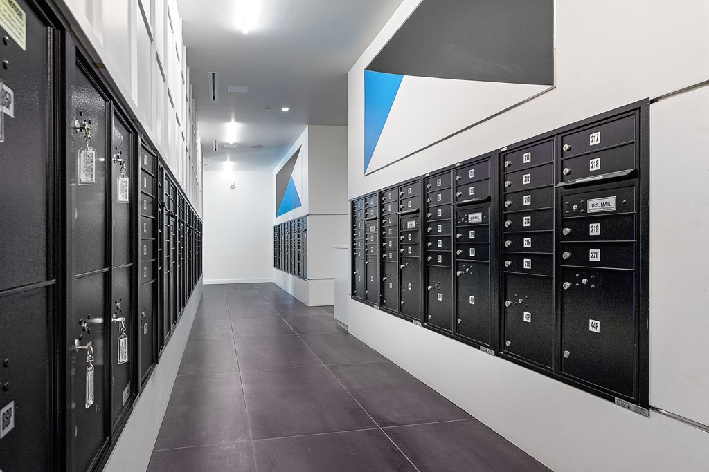 a look down the length of a long hallway of black lockers with white walls