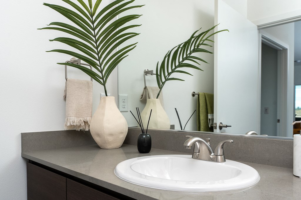 a bathroom with a sink and mirror