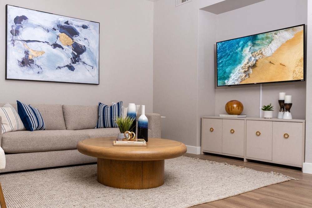 a living room with a couch and a coffee table