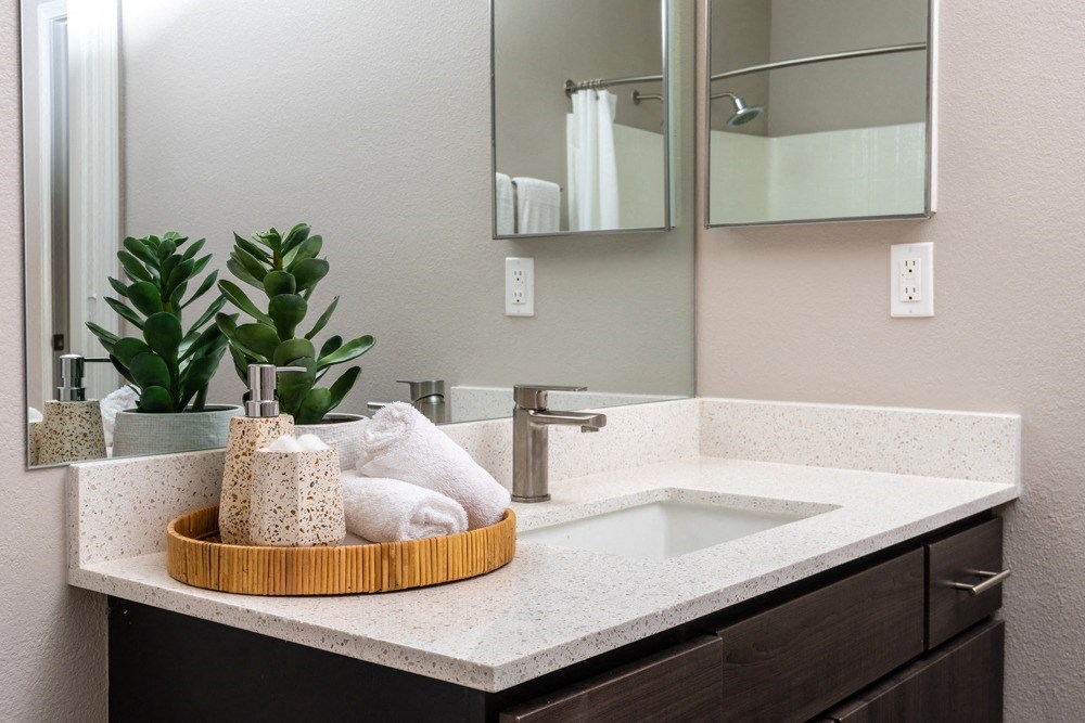 a bathroom with a sink and a mirror