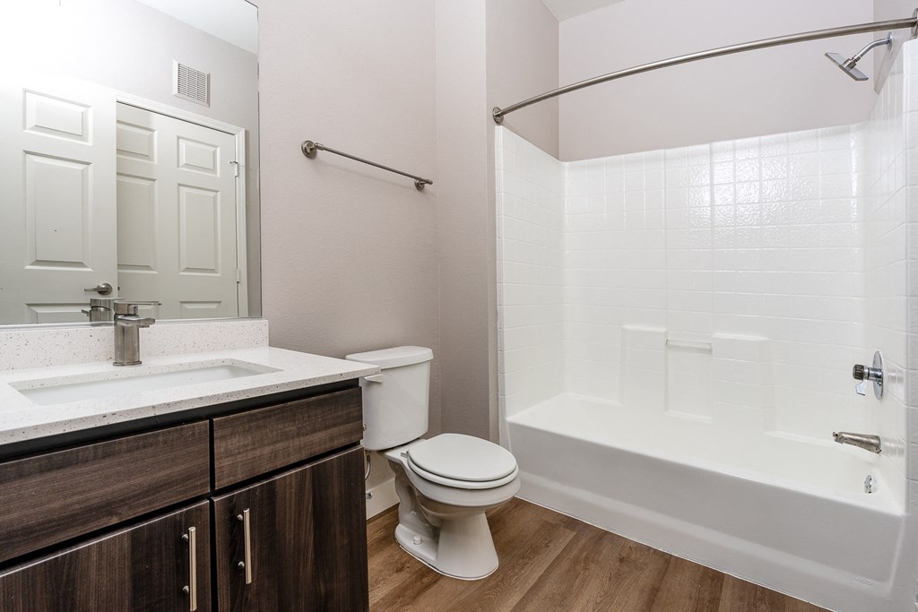 a bathroom with a shower toilet and sink and a mirror