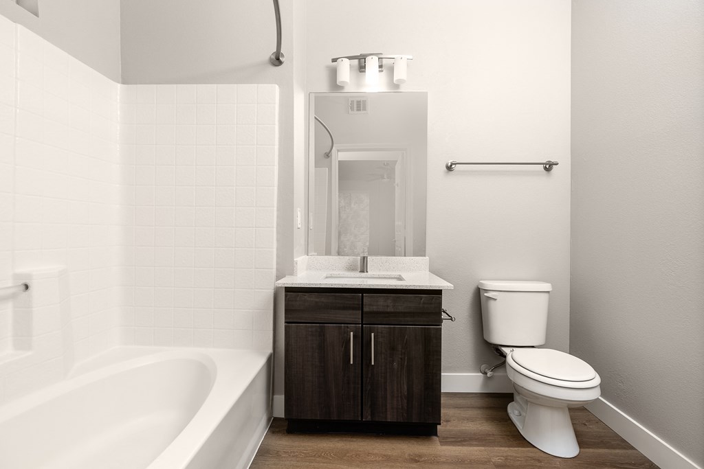 a bathroom with a toilet and a tub and a sink