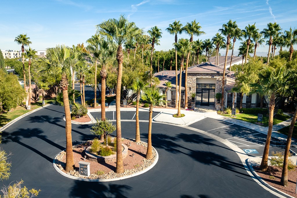a roundabout with palm trees in front of a building