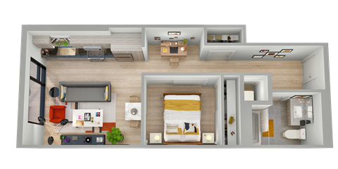 a floor plan of a house with a bedroom and a living room