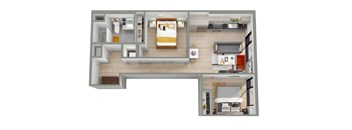 a stylized floor plan of a bedroom and living room