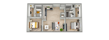 a 3d rendering of a floor plan with a bedroom and a bathroom
